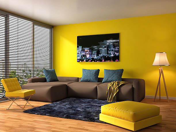 interior with sofa. 3d illustration  yellow room stock pictures, royalty-free photos & images