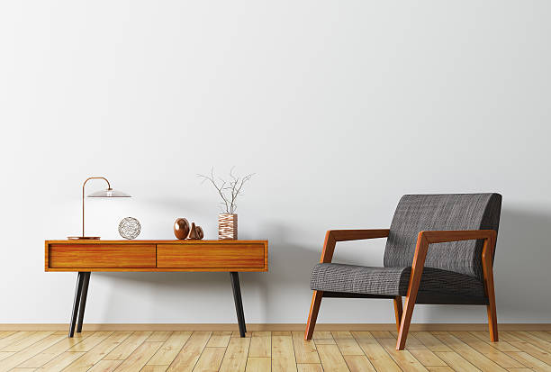 木製サイドテーブルとアームチェア3dレンダリング付きインテリア - 木製　椅子 ストックフォトと画像