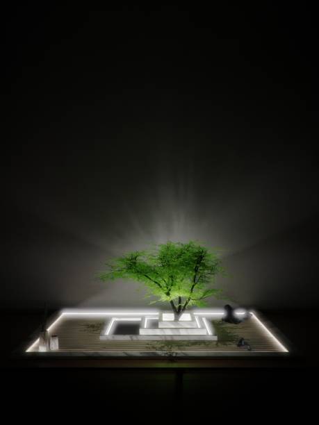 Interior zen-like rock garden with a lush green tree. Modern architecture, decoration. Digital render. Interior zen-like rock garden with a lush green tree. Modern architecture, decoration. Digital render. chiaroscuro stock pictures, royalty-free photos & images
