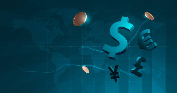internationella företagsfinansieringsvalutamynt för global finansmarknadsdollar, euro, pund, yen på aktiemarknadens bakgrund med digitala kontanter. 3d-rendering. - växlingskontor bildbanksfoton och bilder