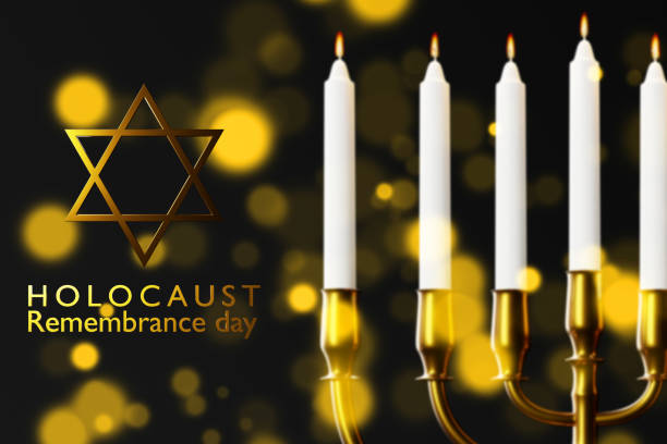國際大屠殺紀念日，大衛之星和黑暗背景上的小燭臺 - holocaust remembrance day 個照片及圖片檔
