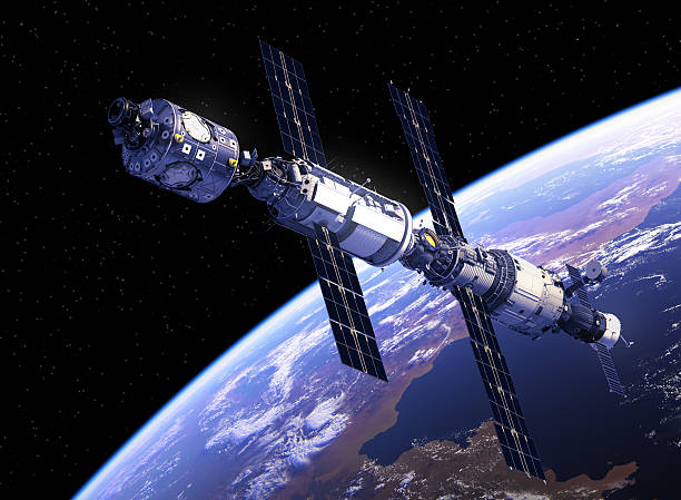 International Space Station Orbiting Earth International Space Station Orbiting Earth. 3D Illustration. international space station stock pictures, royalty-free photos & images