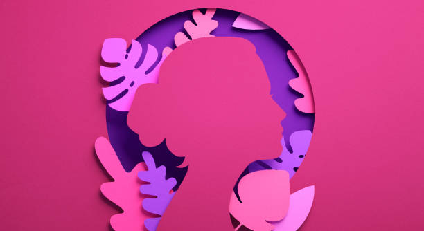 International Womens Day flyer with woman silhouette and floral ornaments in paper cut 3D illustration. Girl face poster for feminism, independence, empowerment and women rights stock photo