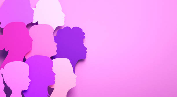 International Women's Day poster with silhouettes of multicultural women's faces in paper cut style and copy space. Sisterhood, female independence and equality in 3D illustration stock photo