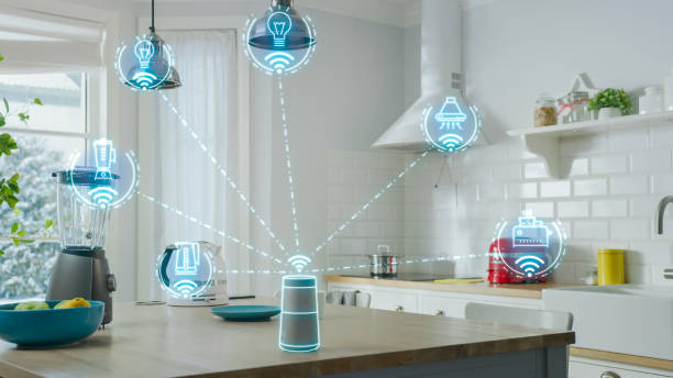 Internet of Things Concept: Modern Kitchen full of High-Tech Kitchen Appliances with IOT, Infographics Show Various Data and Information. Digitalization, Visualization of Home Electronics Devices Internet of Things Concept: Modern Kitchen full of High-Tech Kitchen Appliances with IOT, Infographics Show Various Data and Information. Digitalization, Visualization of Home Electronics Devices home automation photos stock pictures, royalty-free photos & images