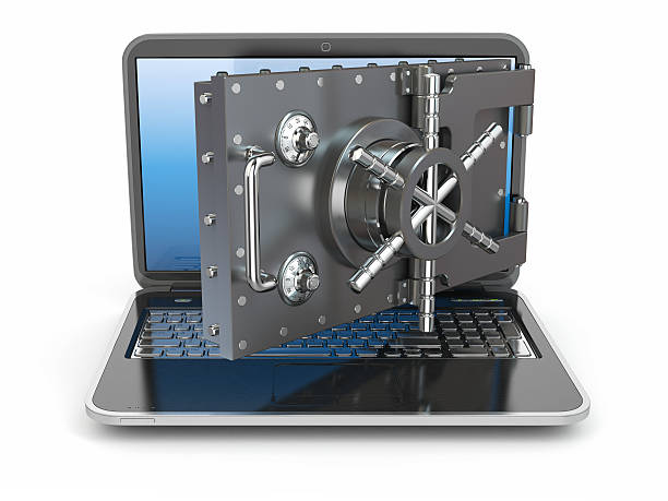 Internet security.Laptop and opening safe deposit box's door. Internet security.Laptop and opening safe deposit box's door. 3d safes and vaults stock pictures, royalty-free photos & images