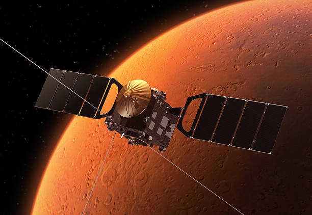 Interplanetary Space Station Orbiting Planet Mars Interplanetary Space Station Orbiting Planet Mars. 3D Scene. european space agency stock pictures, royalty-free photos & images