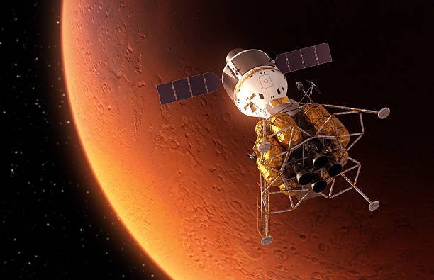 Interplanetary Space Station Orbiting Red Planet stock photo