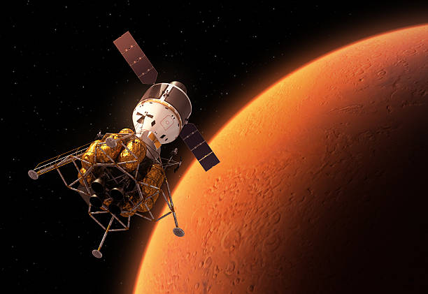 Interplanetary Space Station Orbiting Red Planet stock photo