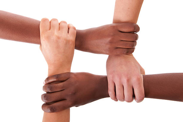 Interracial support People from different races,, holding hands,, isolated on white,, nonrecognizable people,, hands and arms only four people stock pictures, royalty-free photos & images