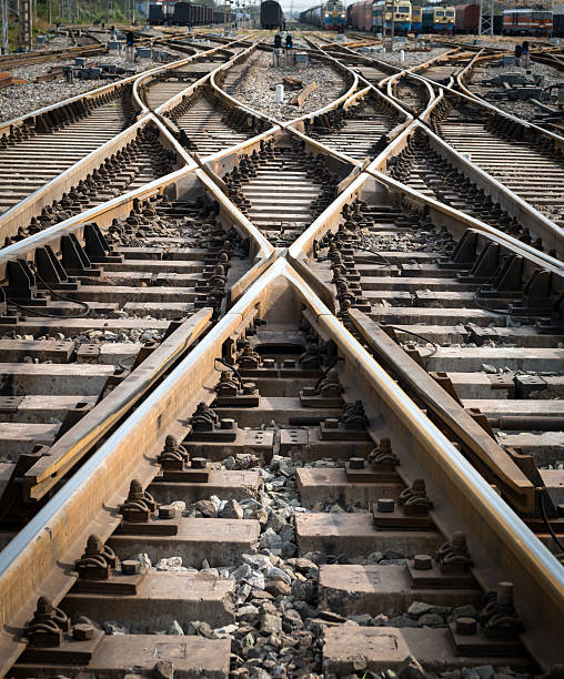 Intersection point of multiple railroad tracks stock photo