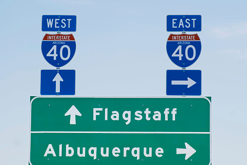 Interstate 40 Road Sign To Flagstaff And Albuquerque Stock Photo ...