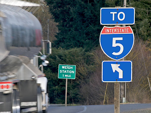 Interstate 5 Sign and Weigh Station Sign with Truck Blur stock photo