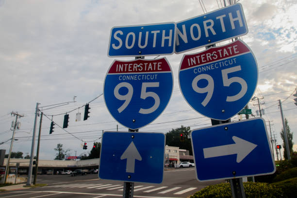 Interstate 95 road sign on Post road  or Connecticut Avenue at morning stock photo
