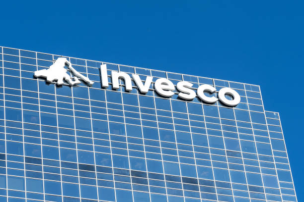 Invesco sign is seen on their Canadian Head Office building in Toronto. stock photo