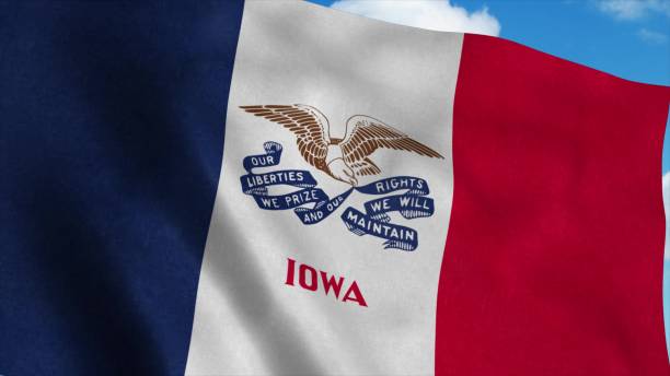 Iowa flag waving in the wind, blue sky background. 3d rendering Iowa flag waving in the wind, blue sky background. 3d rendering. iowa state university stock pictures, royalty-free photos & images