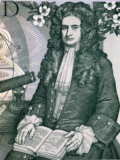 Isaac Newton a portrait from old English money stock photo