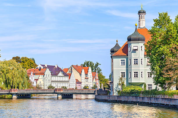 Isar river and bavarian style buildings in Landshut Isar river and bavarian style buildings on the banks, Landshut, Germany river isar stock pictures, royalty-free photos & images