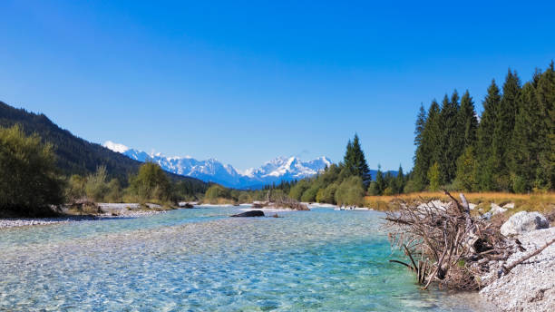 Isar - Wild river in mountains European Alps, Karwendel Mountains, River Isar, Summer, Water biosphere 2 stock pictures, royalty-free photos & images