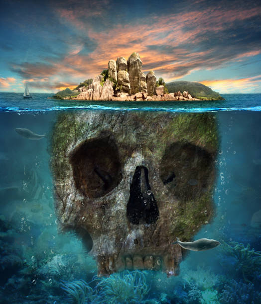 Island. Underwater scull. Concept graphic in soft oil painting style. stock photo