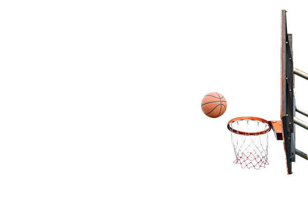 Isolated Basketball leather with the old  and basketball hoop on a white background with clipping path. stock photo