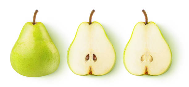 Isolated cut pears Isolated pears. Whole yellow green pear fruit and two halves in a row isolated on white background with clipping path pear stock pictures, royalty-free photos & images