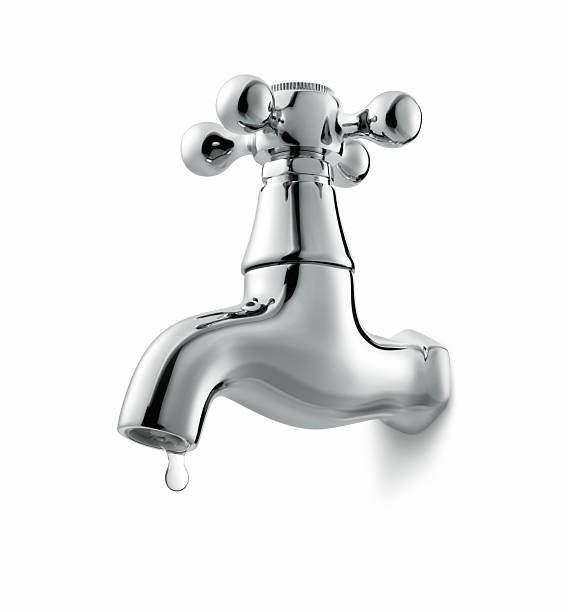 Isolated illustration of a metal faucet dripping water leaking water tap isolated on white background faucet stock pictures, royalty-free photos & images