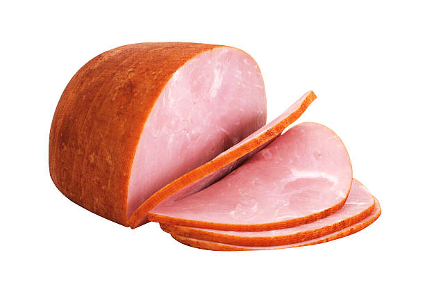 Isolated pink ham, sliced evenly Sliced ham isolated on white background with clipping path. ham stock pictures, royalty-free photos & images