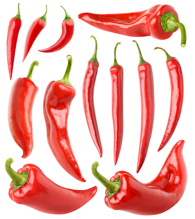 Isolated peppers collection. Various red hot chili peppers isolated on white background with clipping path