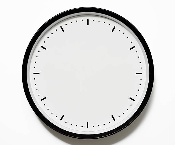 isolated shot of blank clock face on white background - clock stockfoto's en -beelden