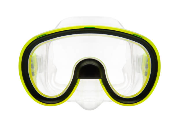 Isolated snorkeling or diving mask Isolated objects: yellow silicone snorkeling or diving mask on white background aqualung diving equipment photos stock pictures, royalty-free photos & images