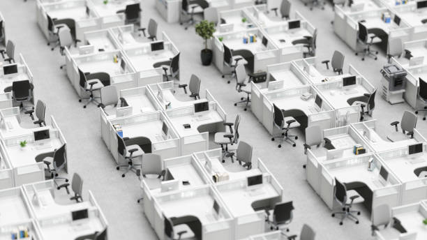 Isometric View Of Office Cubicles Interior of an empty modern office cubicles from high angle view with tilt-shift effect. office cubicle stock pictures, royalty-free photos & images