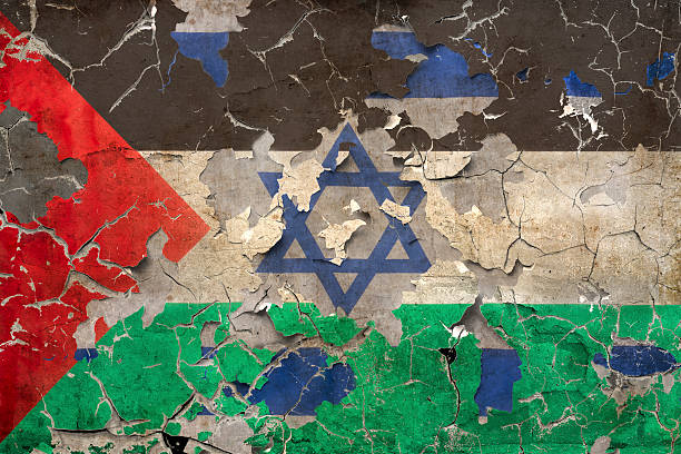 Israel and Palestine Conflict with broken wall and flags