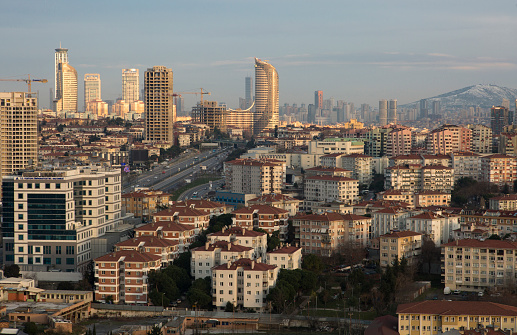 Istanbul, Turkey - January 20, 2021: Istanbul buildings and panoramic city view. istanbul Asian (Anatolian) Side, Kadikoy Acibadem Neighborhood. Kayisdagi (Turkish: Kayışdağı) in the background is the third highest point in Istanbul province.