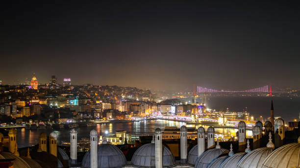 istanbul panorama utsikt, moské kupoler och minareter bosphorus på natten - istanbul blue mosque skyline bildbanksfoton och bilder