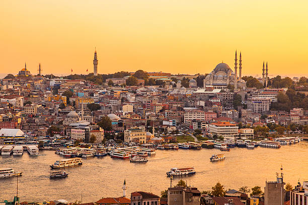 istanbul, turkey, view on golden horn bay from galata tower - istanbul bildbanksfoton och bilder