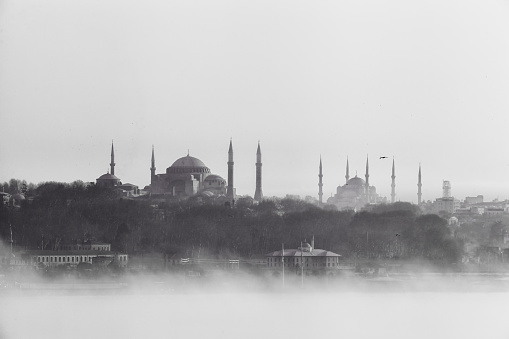 Foggy weather day of Istanbul city view with Hagia Sophia, Sultanhmet Mosque