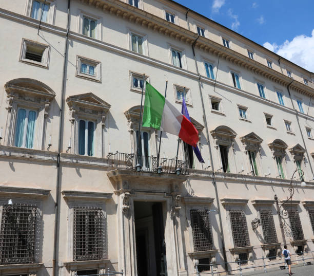 Italian and European Flags of Chigi Palace of Italian Senate stock photo