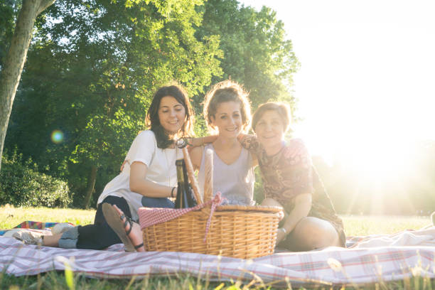 Italian family drinking wine in a park during a picnic stock photo