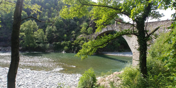 Italian historical bridge Ponte Del Diavolo Lanzo Torinese stock photo