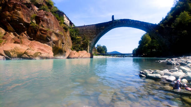 Italian historical bridge Ponte Del Diavolo Lanzo Torinese stock photo