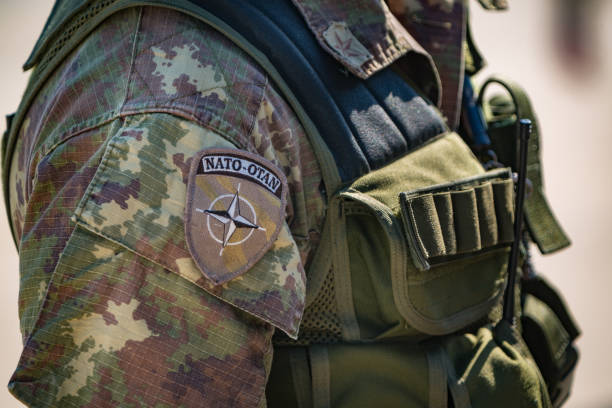 Italian NATO soldier attending at an italian military public event. Detail of uniform. stock photo