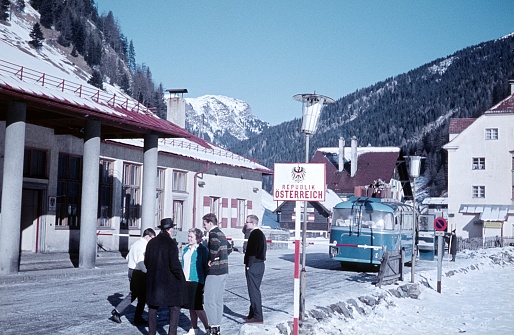 Tyrol, Italian-Austrian border crossing, 1962. Tourists wait to continue their journey at the Italian-Austrian border.