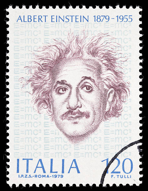 Italy Einstein postage stamp Sacramento, California, USA - March 19, 2011: A 1979 Italy postage stamp with a portrait of Albert Einstein (1879-1955), and E=mc2 repeated in the background. Issued to celebrate the 100th anniversary of Einstein's birth. Stamp design by F. Tulli. albert einstein stock pictures, royalty-free photos & images
