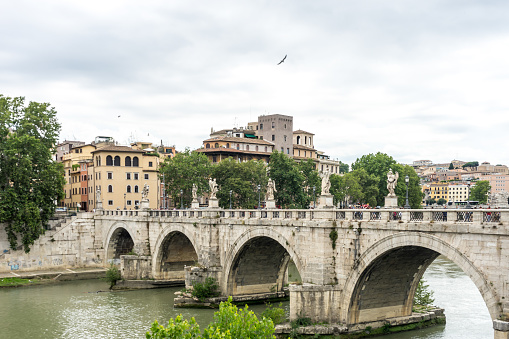 Italy, Rome,Ponte Sant'Angelo, once the Aelian Bridge or Pons Aelius on the tiber river