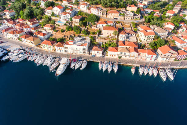 Ithaca yachts parking aerial view Ithaca marina aerial view by drone republic of cyprus stock pictures, royalty-free photos & images