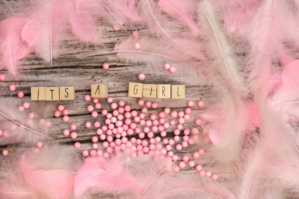 Its a Girl text on wooden background texture with pink feathers for baby invitation shower or newborn, girl announcement greeting card, top view colorful design Its a Girl text on wooden background texture with pink feathers for baby invitation shower or newborn, girl announcement greeting card, top view colorful design pastel colors it's a girl stock pictures, royalty-free photos & images