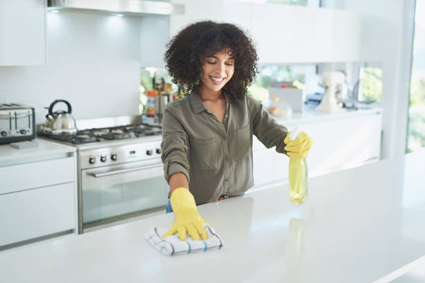 It's never too late to spring clean your home Shot of a young woman cleaning a kitchen counter at home cleaning stock pictures, royalty-free photos & images