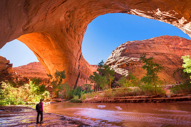 Jacob Hamblin Arch A hiker at Jacob Hamblin Arch in Coyote Gulch, Grand Staircase-Escalante National Monument, Utah, United States utah stock pictures, royalty-free photos & images