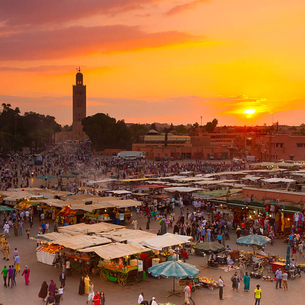 Jamaa el Fna, Marrakesh, Morocco. Jamaa el Fna also Jemaa el Fnaa, Djema el Fna or Djemaa el Fnaa is square and market place in Marrakesh's medina quarter. Marrakesh, Morocco, north Africa. UNESCO Heritage of Humanity. medina district stock pictures, royalty-free photos & images